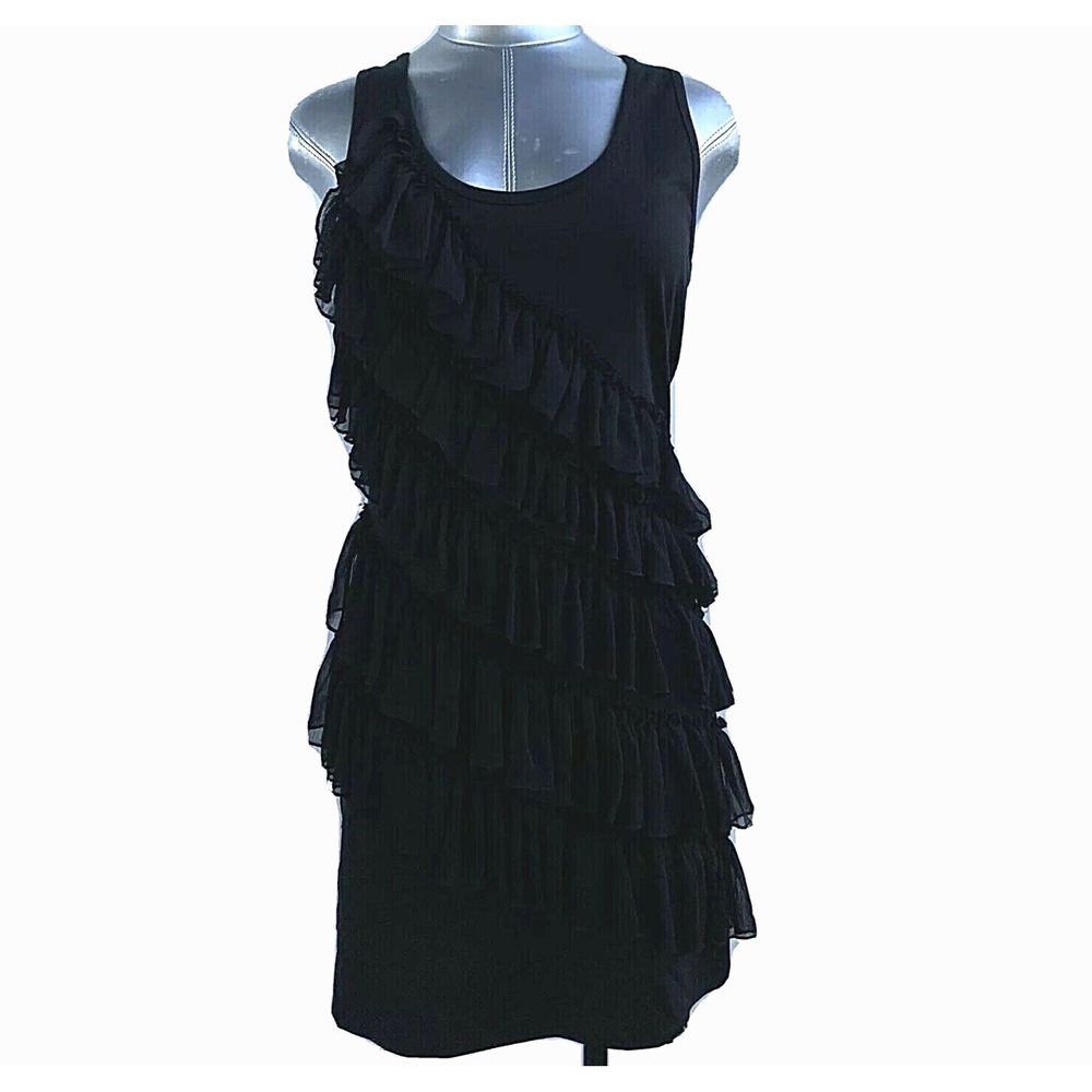 Steve Madden Dress MED Black Chiffon Tier Ruffle‎ Bodycon Stretch Racerback